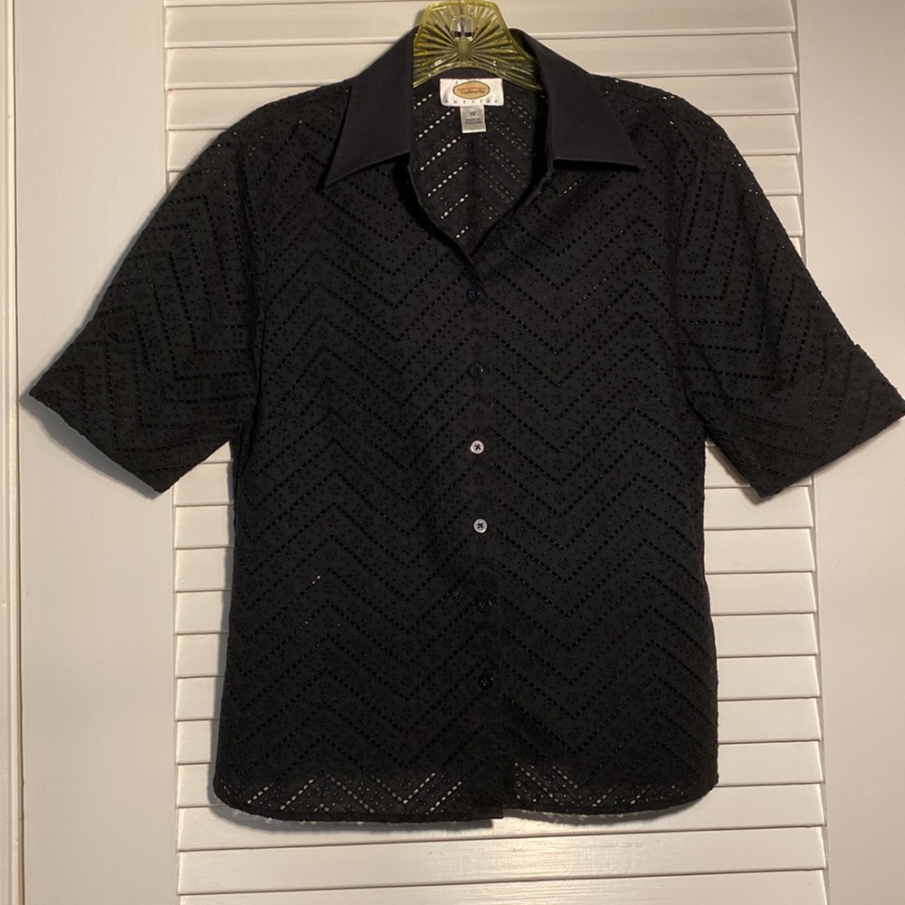 Talbots eyelet black blouse, 10P, cuffed shirt sleeves, button up